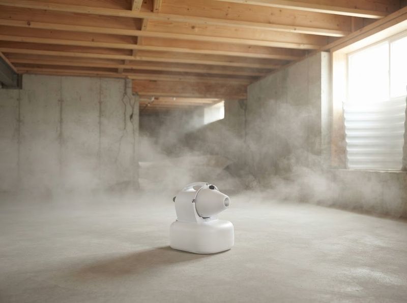 Fogger can on a vapor barrier inside a low crawl space